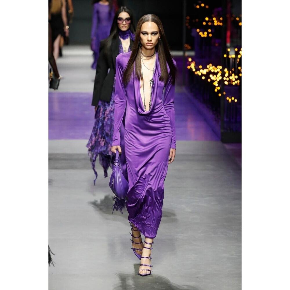 NWT Versace Runway Satin Maxi Dress IT 42 US 6 Purple Cowl Neck Draped $3,050